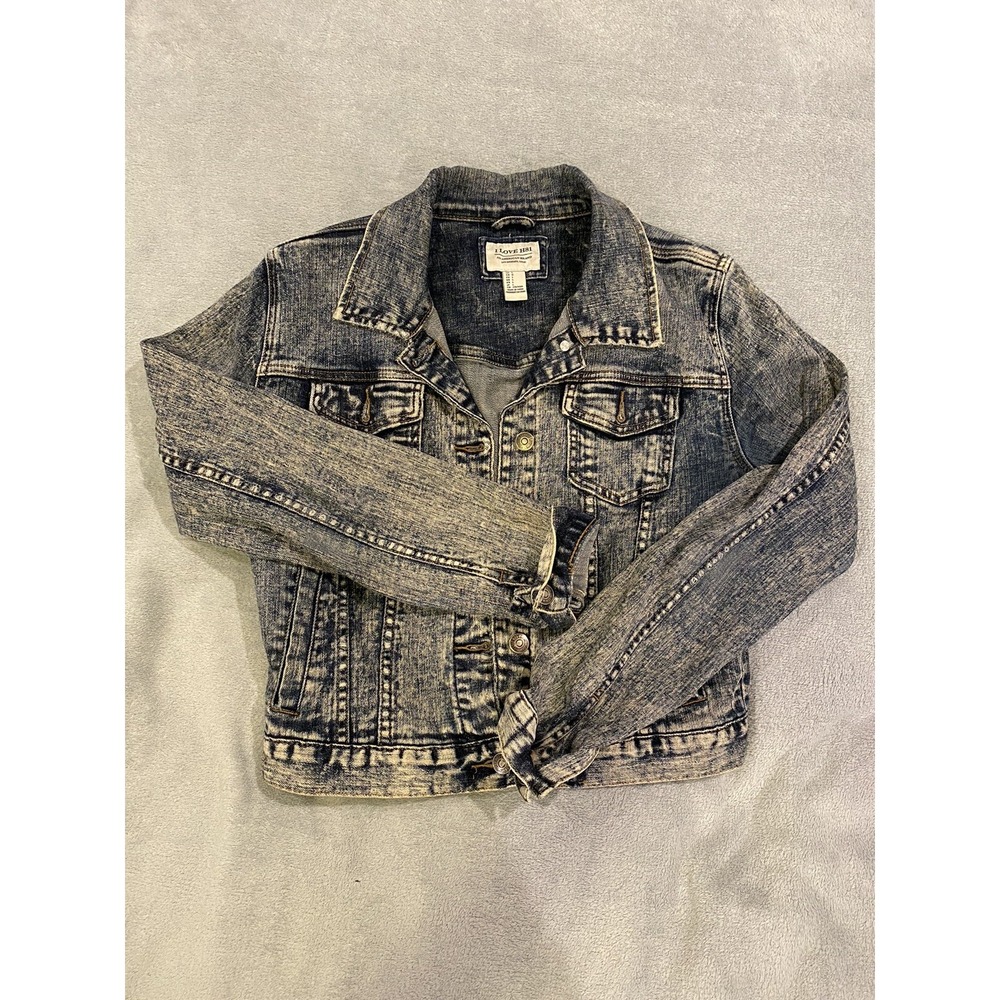 I Love H81 Junior's Large L Blue Distressed Denim Cropped Jacket